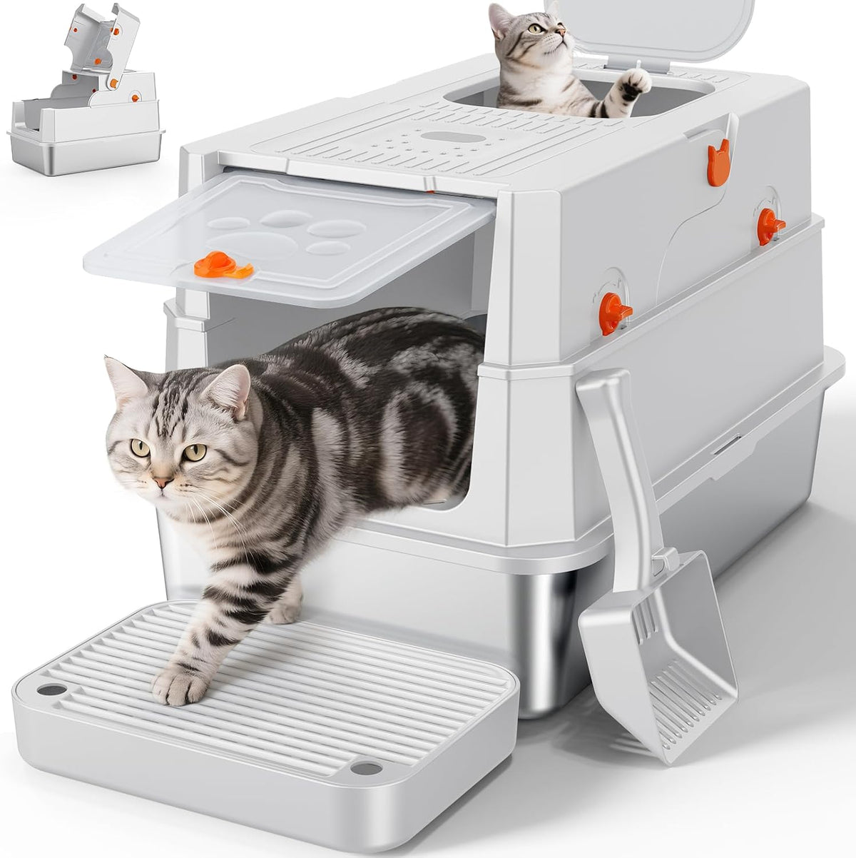 FURTIME Stainless Steel Litter Box with Lid - X-large / Silver