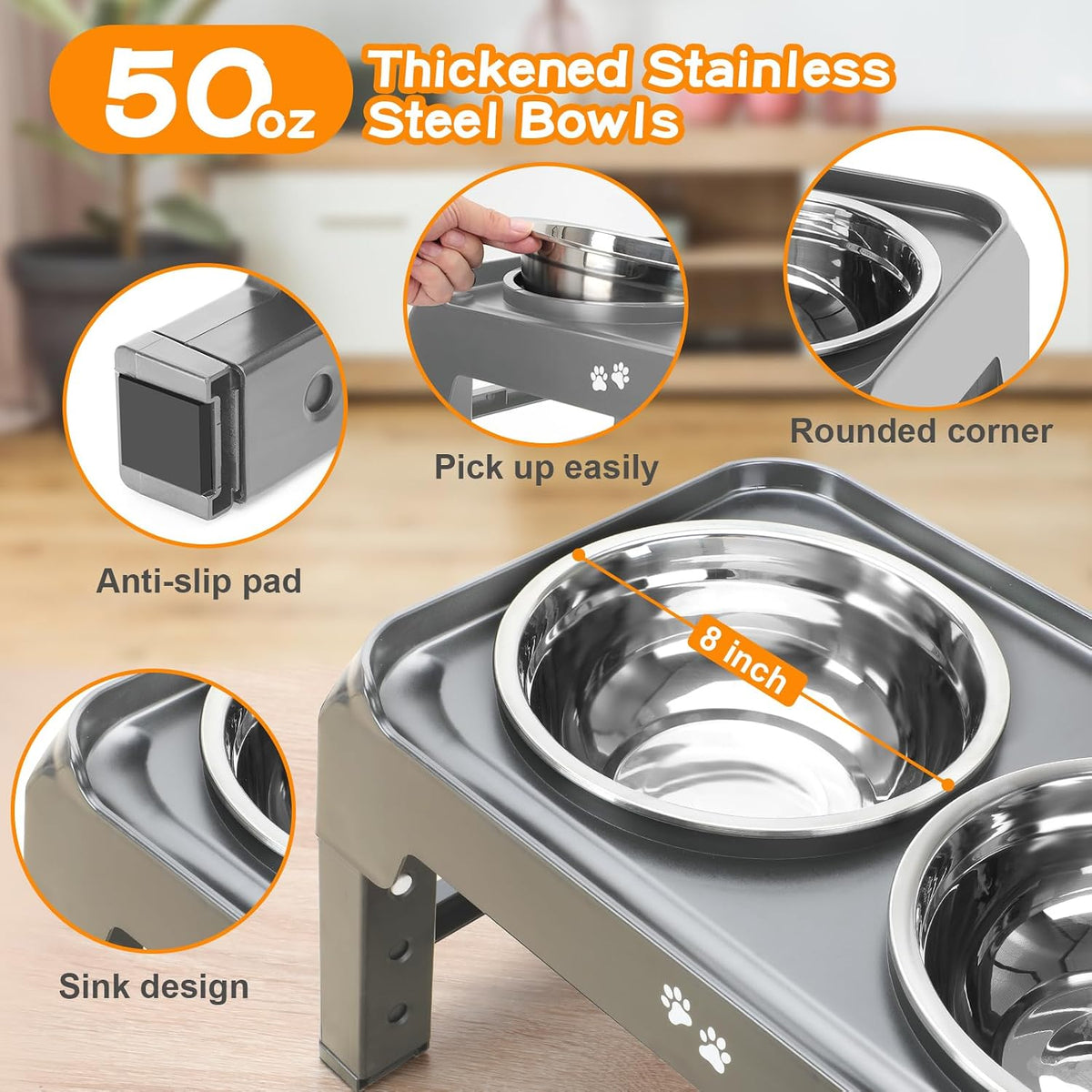 Elevated Bowls, 4 Height Adjustable Raised Stand With 2 Thick 50oz Stainless Steel Food Bowls - Grey / 8" for Medium Dogs (Pack of 2) - image 4