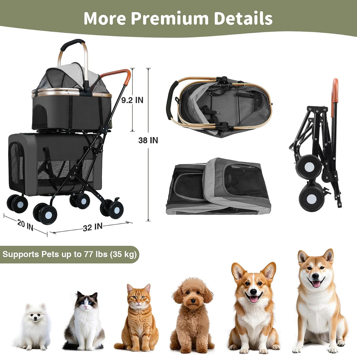 Double Pet Stroller, 4 Lockable Wheels for Small‑Medium Dogs & Cats – Essentials for Dogs - Black - image 3