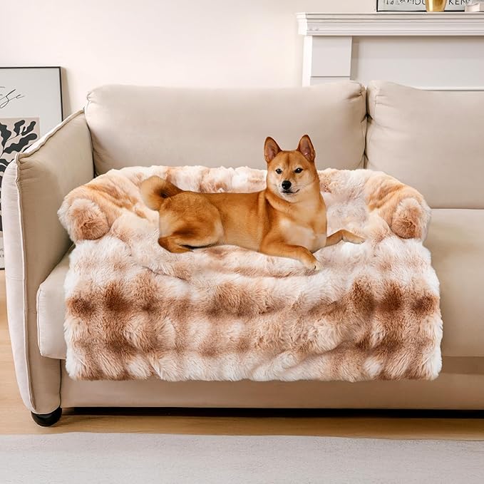 FUNNY FUZZY Pet Fluffy Fuzzy Couch Cover, Calming Washable Dog Bed Sofa Protector Pets Mat for Small Medium Dogs and Cats (Tie-dye Brown,33.45 × 28.35 × 5.51 in)