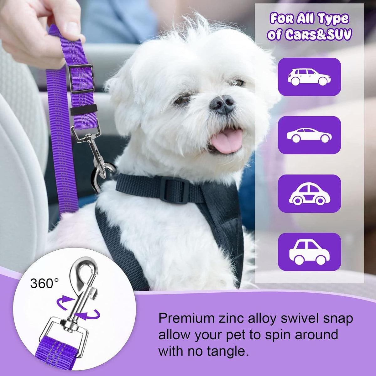 2 Pack Dog Seat Belt for Car, Headrest Restraint Safety Leads – Essentials for Dogs - Purple / Elastic - image 4