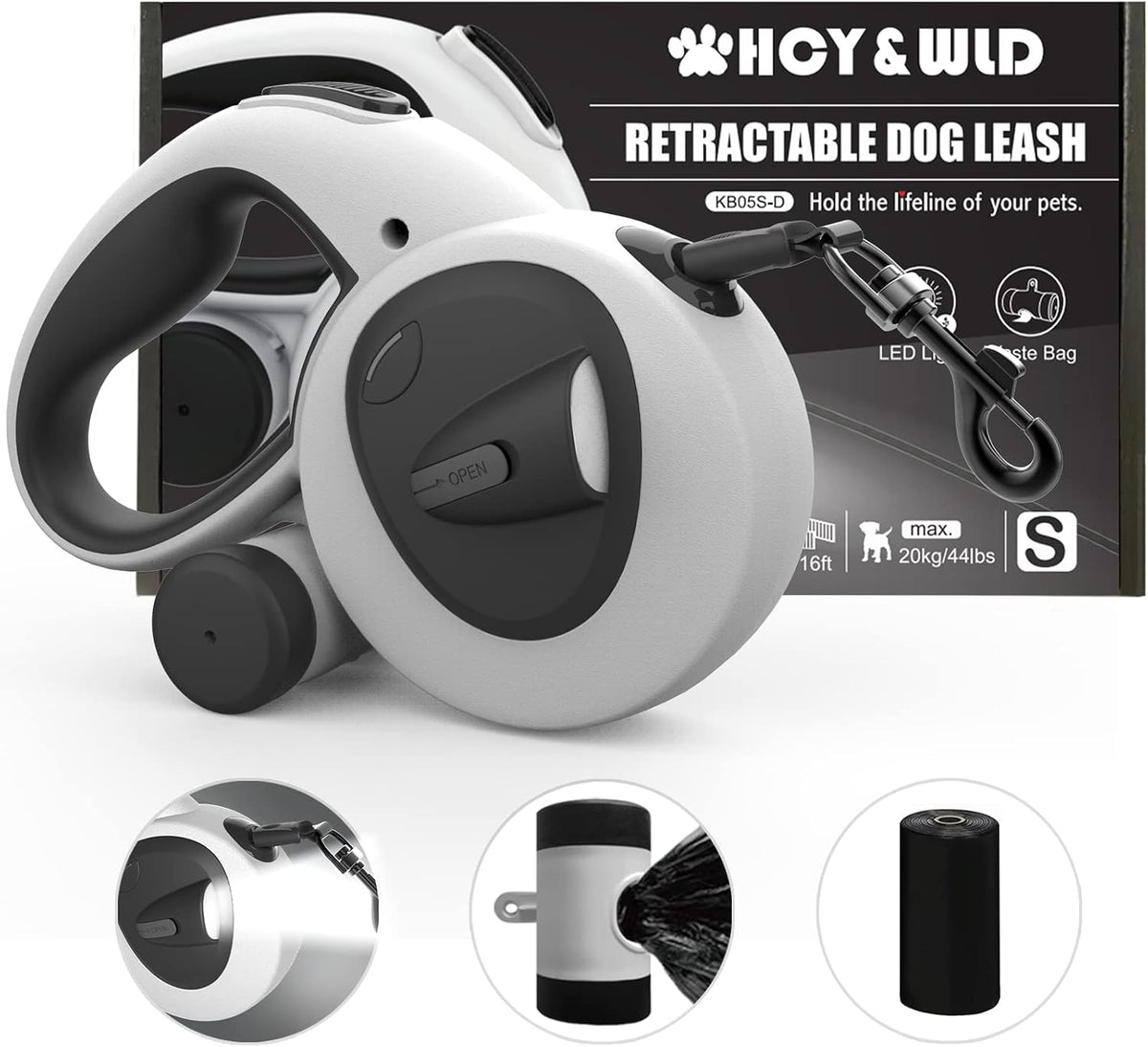 4-in-1 Retractable Dog Leash with LED Light & Dispenser & Poop Bags – Essentials for Dogs - Small