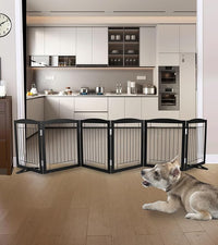 ZJSF Freestanding Dog Fence Indoor, Foldable Dog Gate for Doorways, Stairs or Hallways, Sturdy Wood Extra Wide Pet Gate with Support Feet for The House, Black, 24 "Height-6 Panels