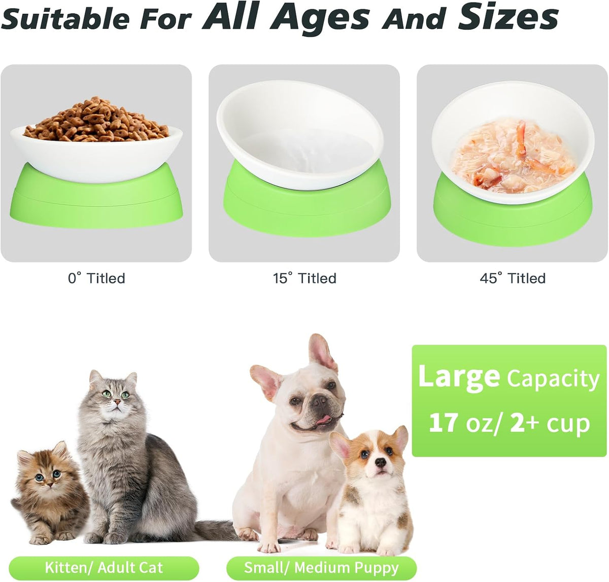 17 oz Raised Cat Food Bowls, Adjustable-Angle Pet Bowls - Milky White, Light Green - image 3