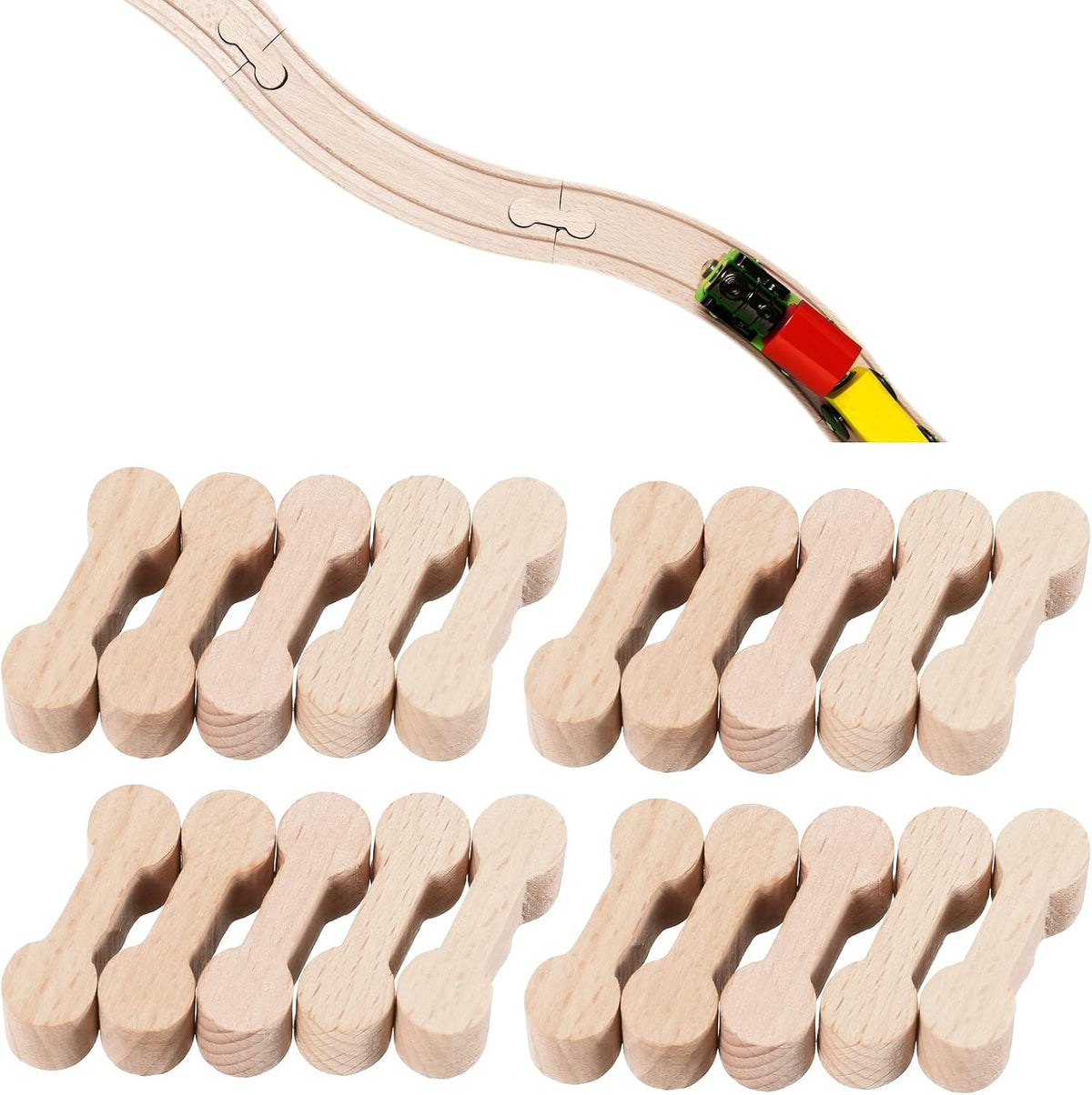 Hanaive 20 pack wooden train track connectors, dog bone shaped adapters - view 2