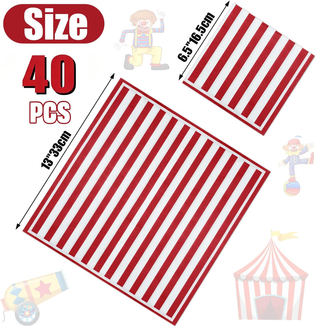 PIXHOTUL 100 pack red and white striped carnival paper napkins - view 38