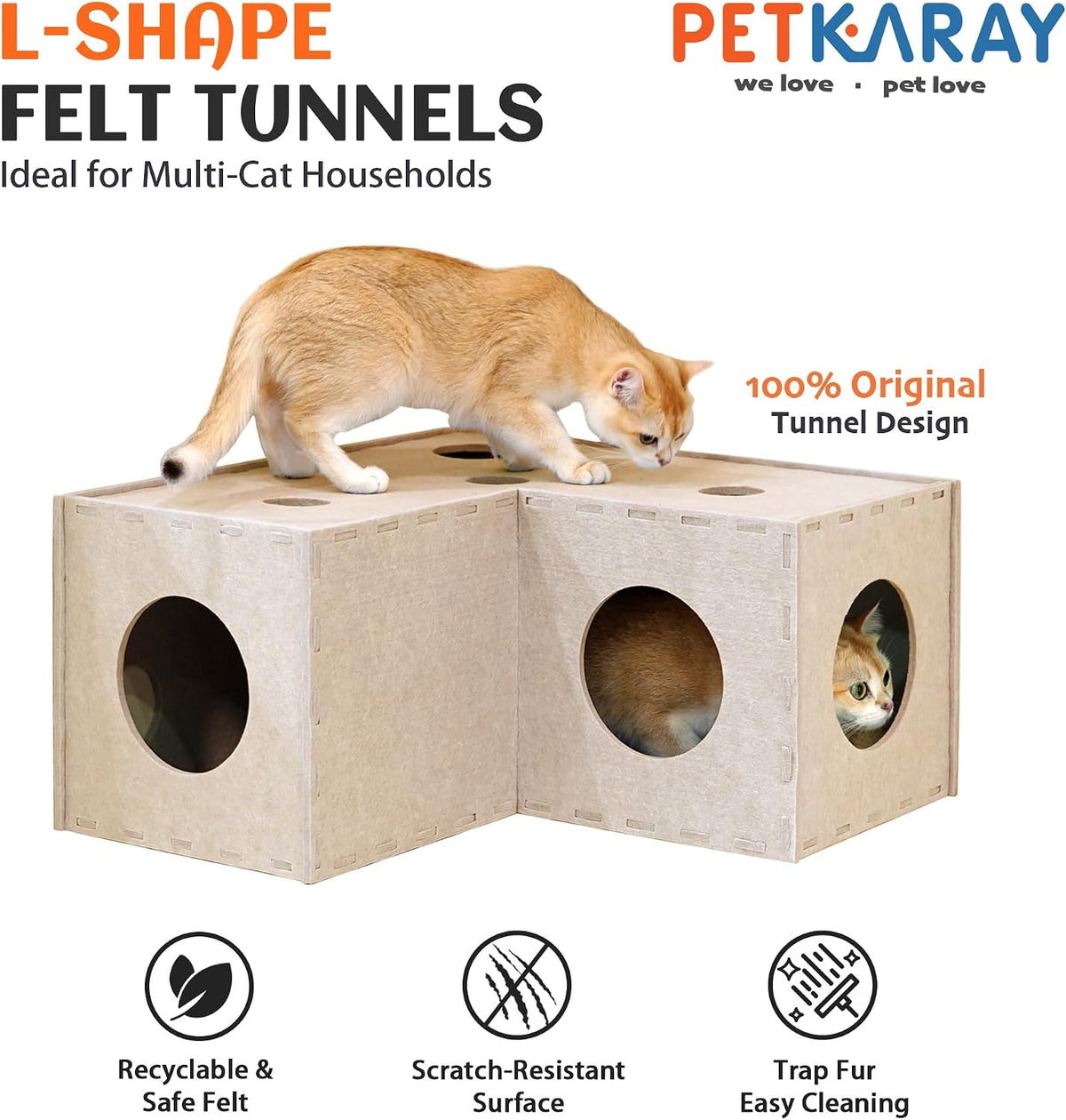 PETKARAY Cat Tunnel, Original Cat Hideaway Cave for Indoor Cats - L-shape Tunnel / Beige - image 2
