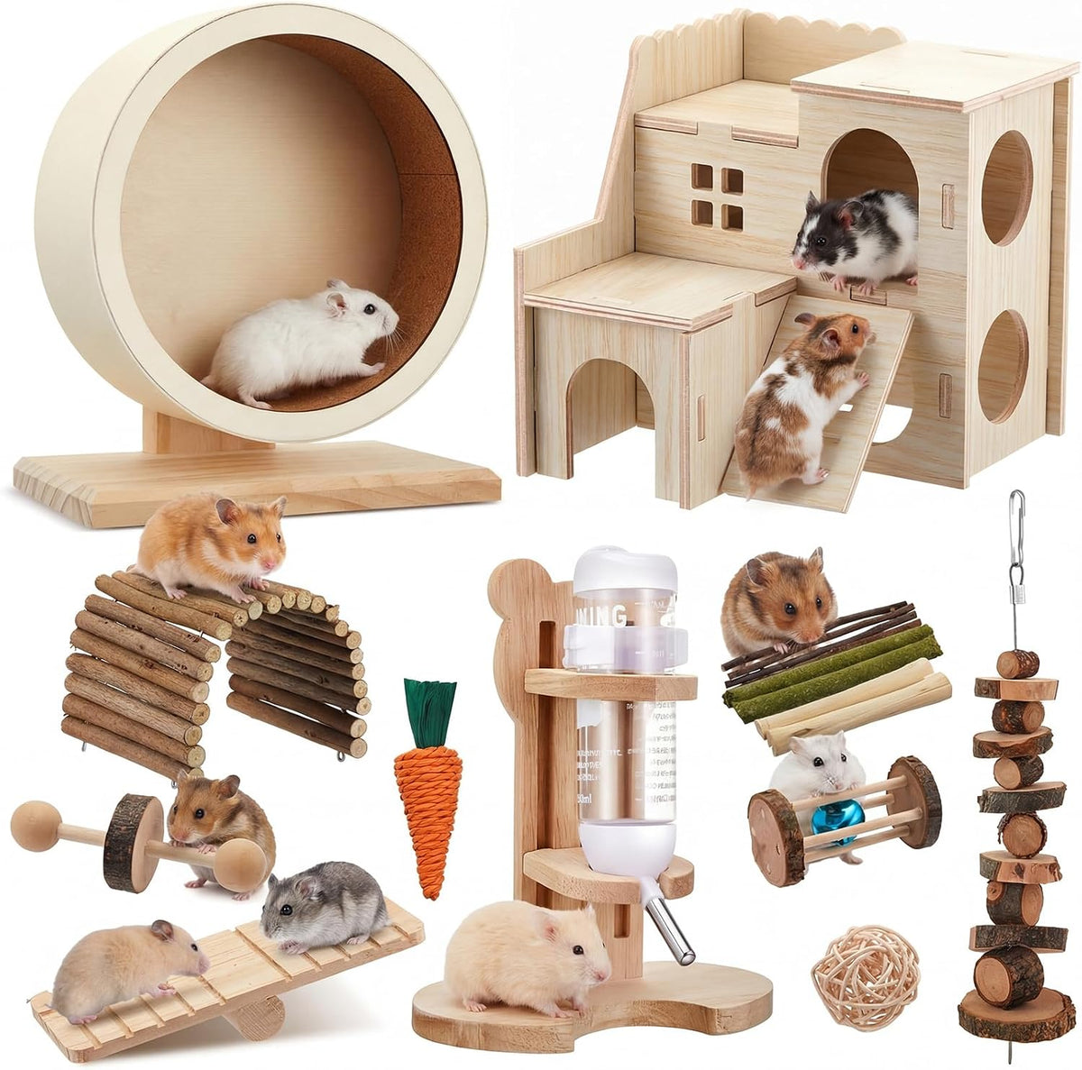 18 Pcs Hamster Cage Accessories Set with Hamster Wheel Maze House – Essentials for Small Pets - Harmony Wooden Style