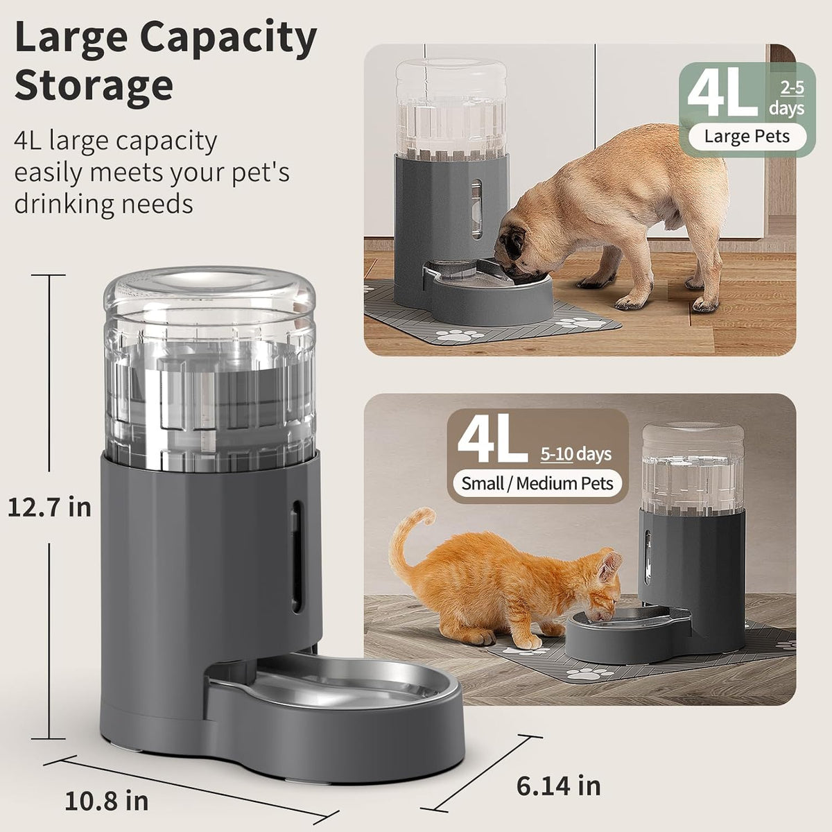 JUNSPOW Cat Water Dispenser and Stainless Steel Bowl – Essentials for Cats - Grey / 4L + Mat - image 3