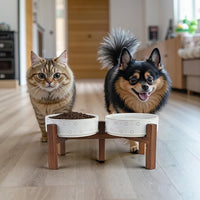 SPUNKYJUNKY Ceramic Dog Bowls Dog Bowl Set with Acacia Wood Stand Raised Dog Bowl Dog Food and Water Bowl for Small Medium Sized Dog (Shallow, 15.5cm)