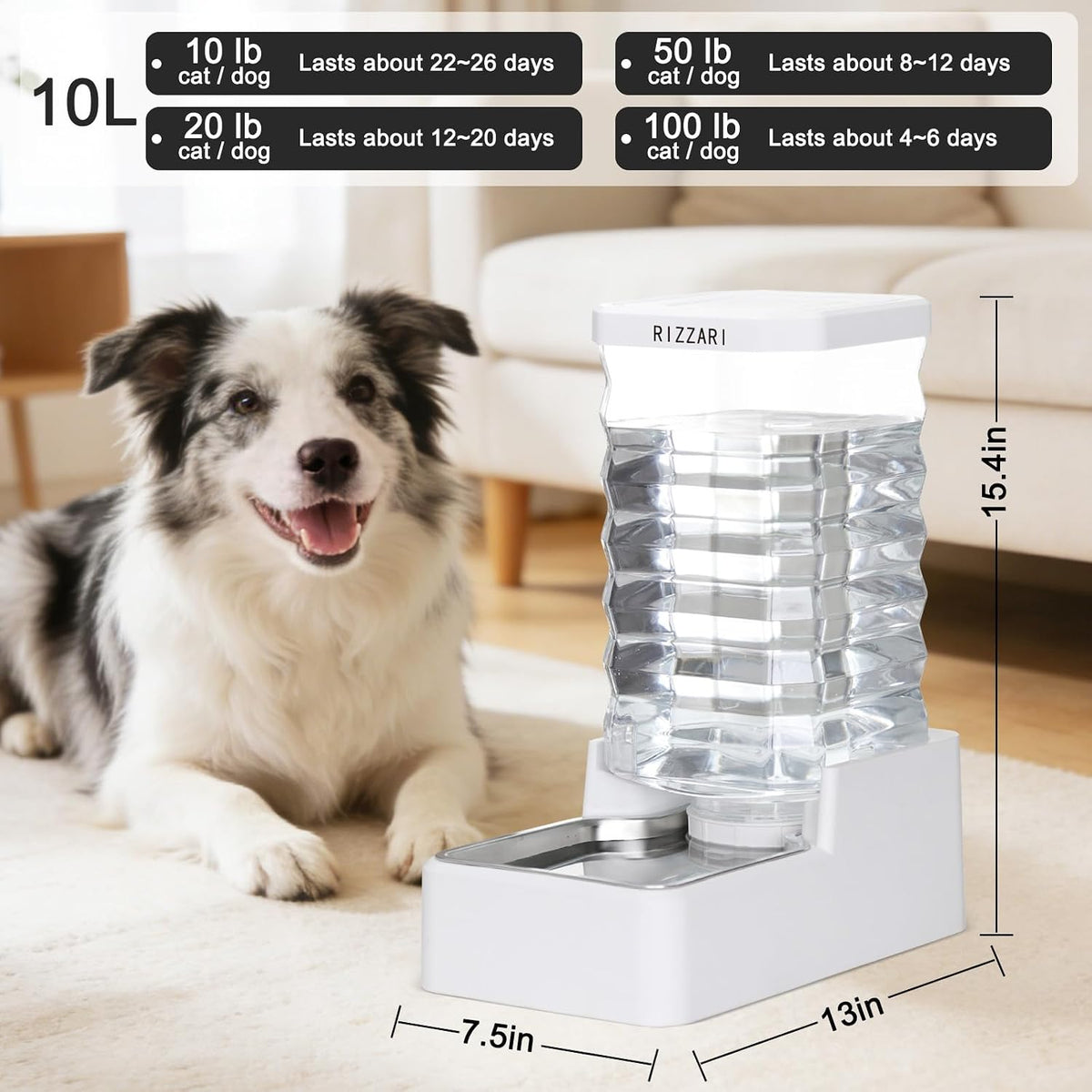 2.4Gallon Dog Water Bowl Dispenser for Dogs:Leak Resistant Waterer – Essentials for Dogs - White with Lid & Filter / 10L - image 2