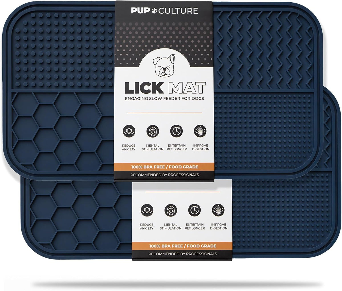 Dog Lick Mat for Dogs, Feeding Pad for Anxious Pets Plus 4 Different Puzzles for Mental Stimulation - 2 Pack / Navy