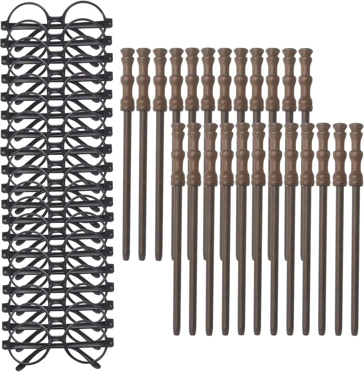 Col-Pary wizard party set with 24 wooden wand pencils and 24 round black glasses frames