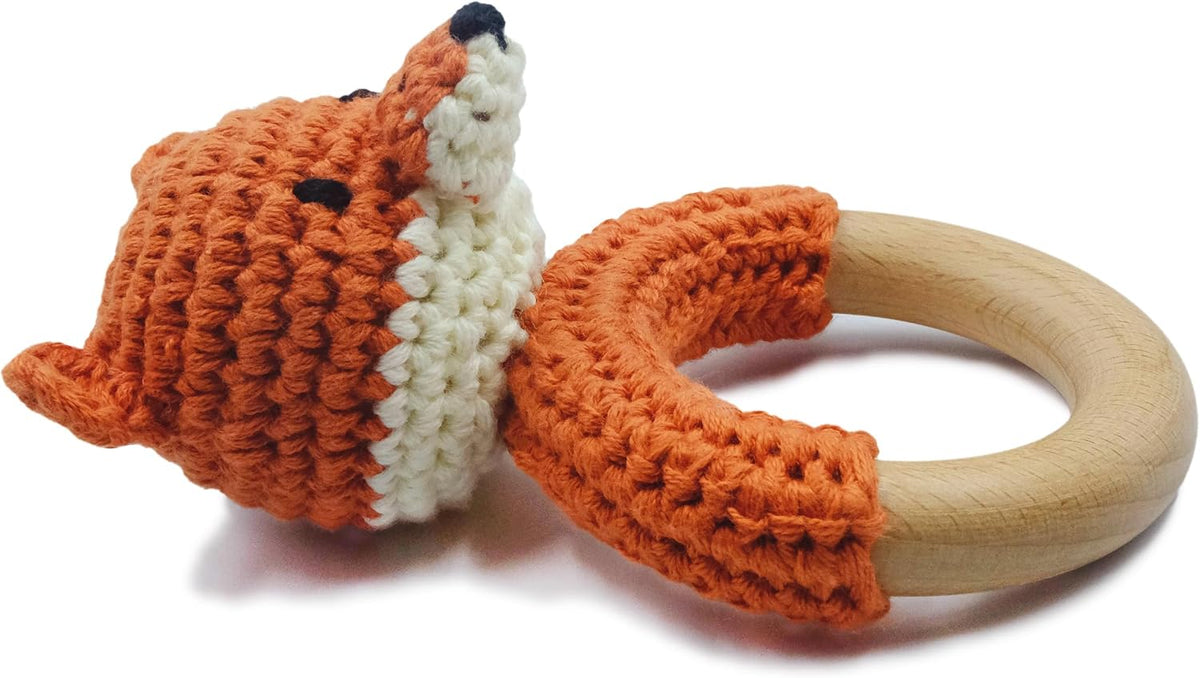 Joliecraft beige crochet bear rattle with natural wood teething ring - view 13