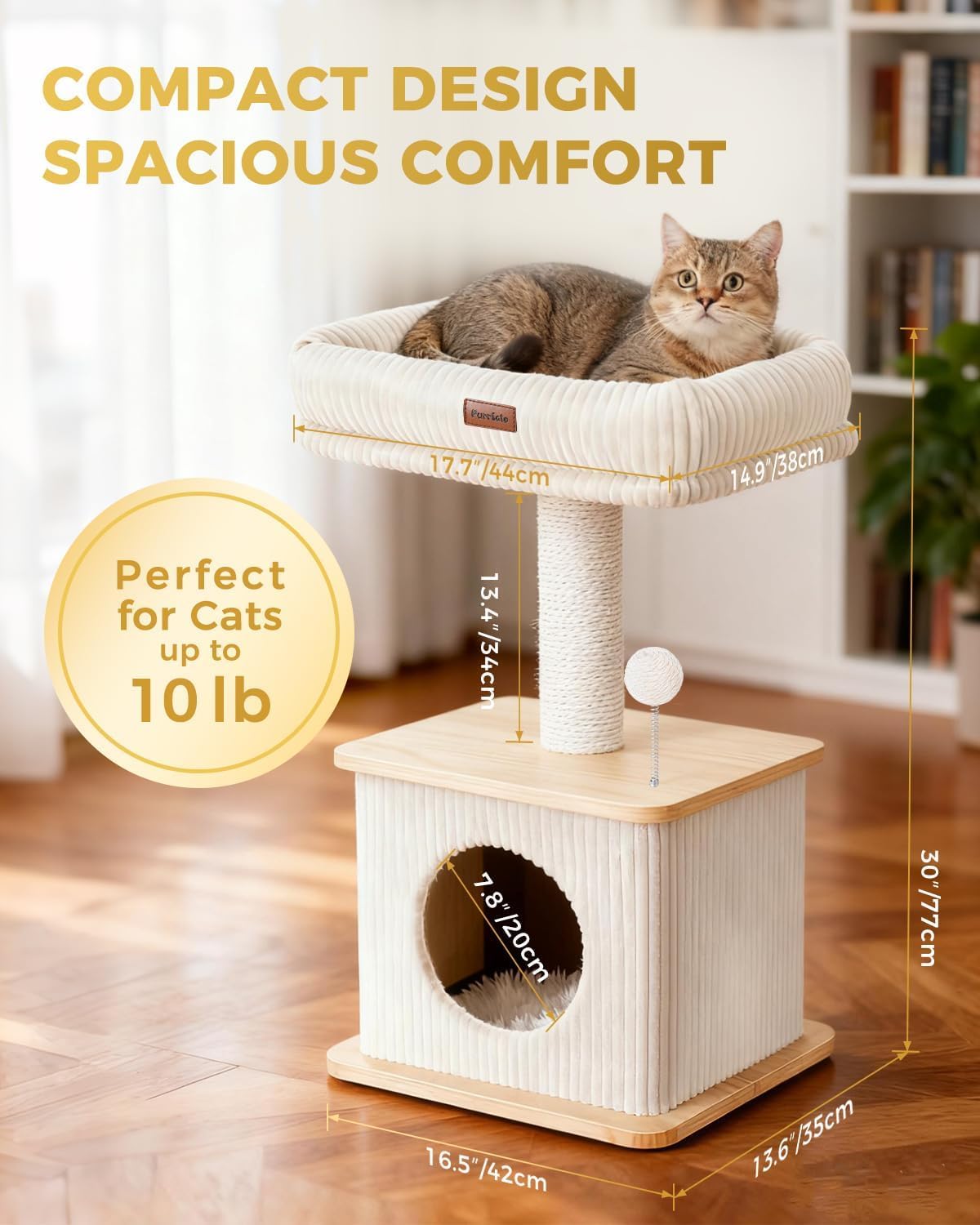 29" Small Cat Tree, Boho Wood Cat Tower with Sisal Scratching Post – Essentials for Cats - Ash Wood Finish / Small - image 2
