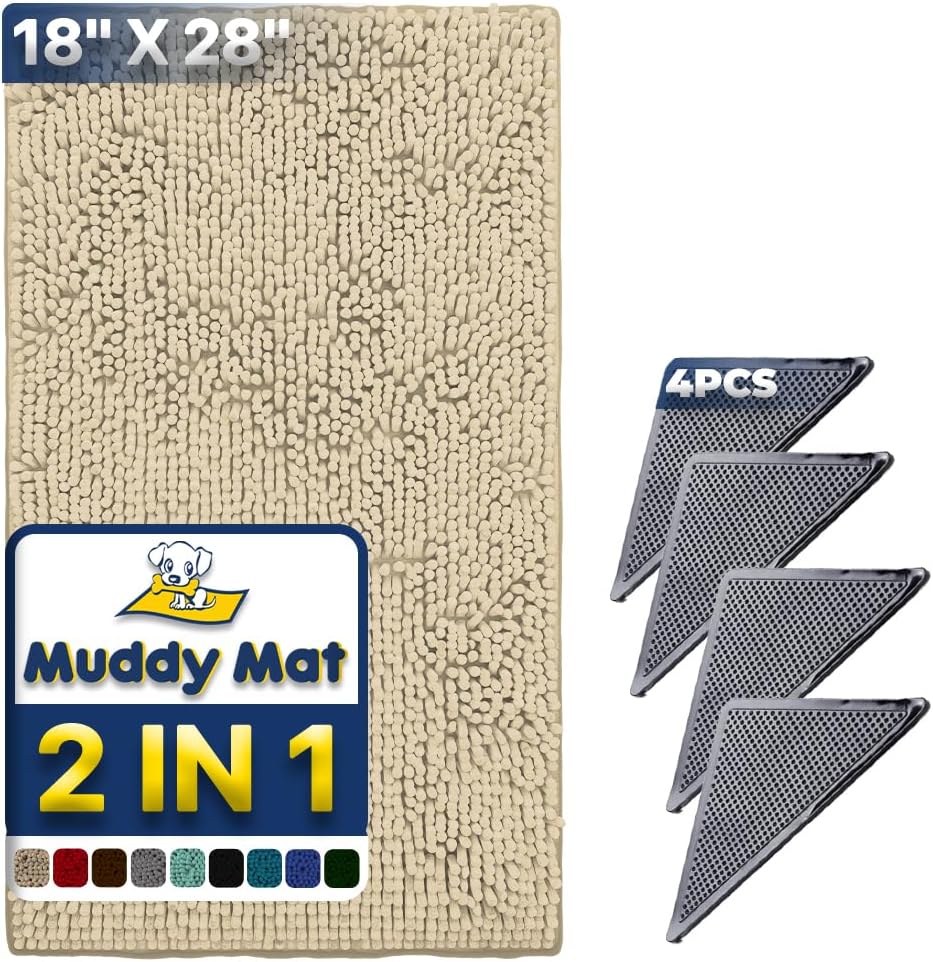 Muddy Mat | Absorbent Microfiber Chenille Door Mat Grey 24" x 35" with Heavy Duty Non-Slip Rug - 18" x 28" / Beige