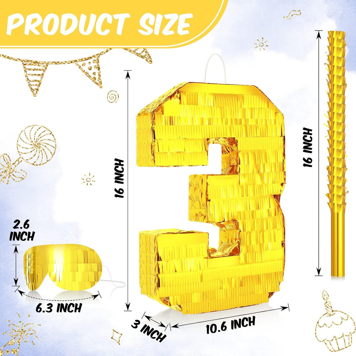 Sratte gold foil number piñata set with gold blindfold, piñata stick and bag of confetti - view 21