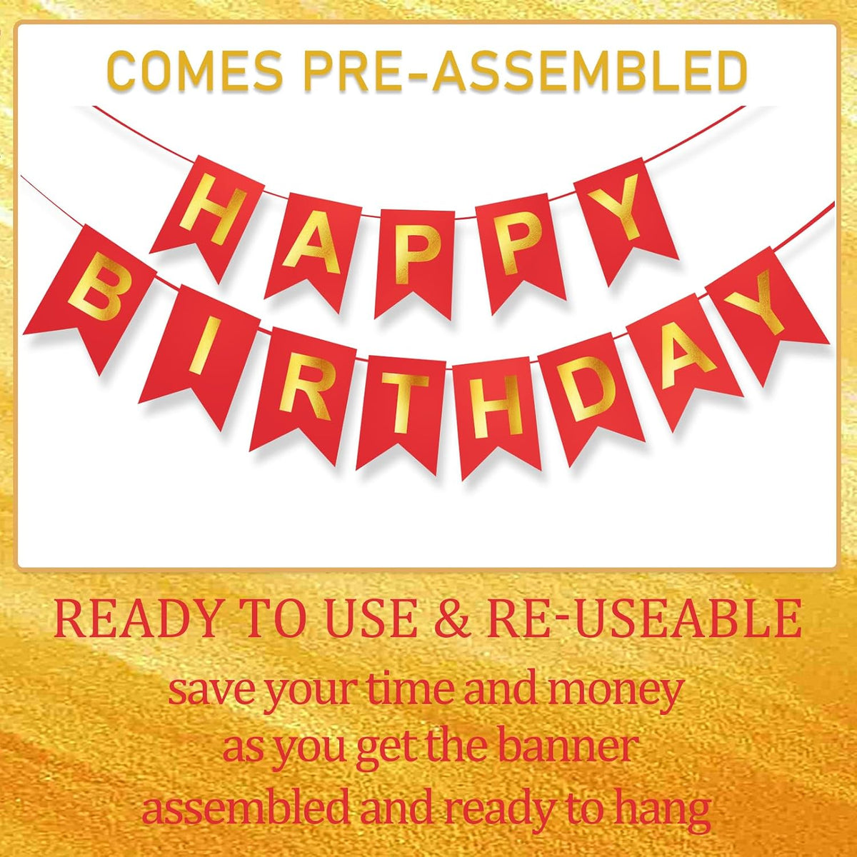 Happy Birthday Banner,Pre-Strung Black and Gold Party Decorations，16ft Pre-Strung Hanging Sign - red - image 4