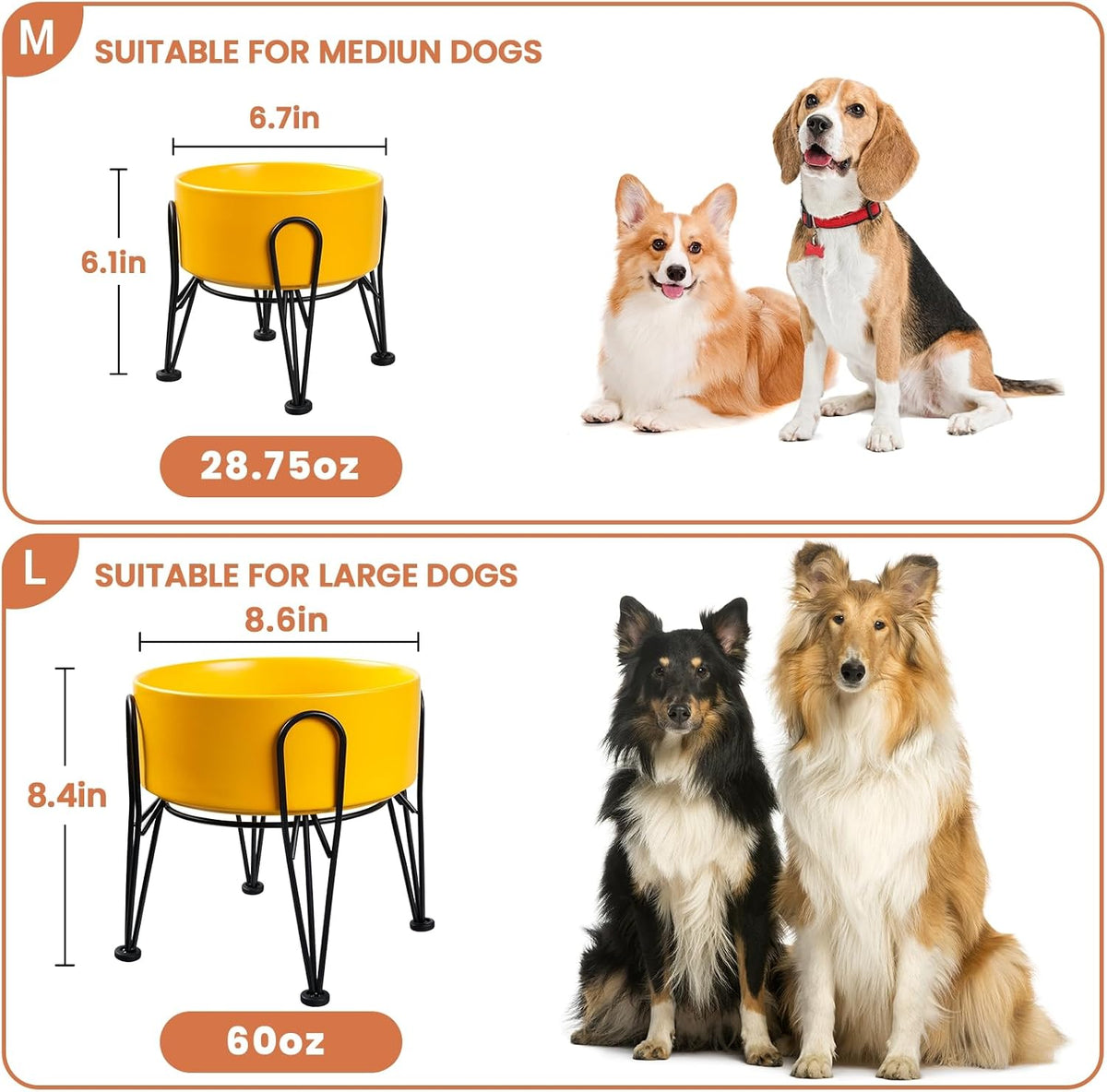 Elevated Dog Bowls, Ceramic Raised Dog Bowl Set with Anti-Slip and Non-Tip Metal Stand, 2 Pack Pet - Yellow / 7.6 Cups | 2 Pack | For Large Dogs - image 3