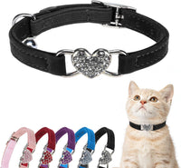 BINGPET Diamond Cat Collar with Bell, Adjustable Kitten Collar - Black(Heart) / Neck Girth 6"-8"