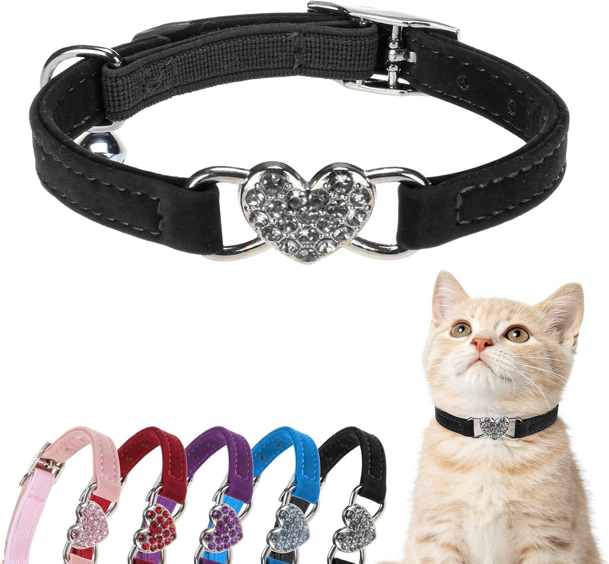 BINGPET Diamond Cat Collar with Bell, Adjustable Kitten Collar - Black(Heart) / Neck Girth 6"-8"