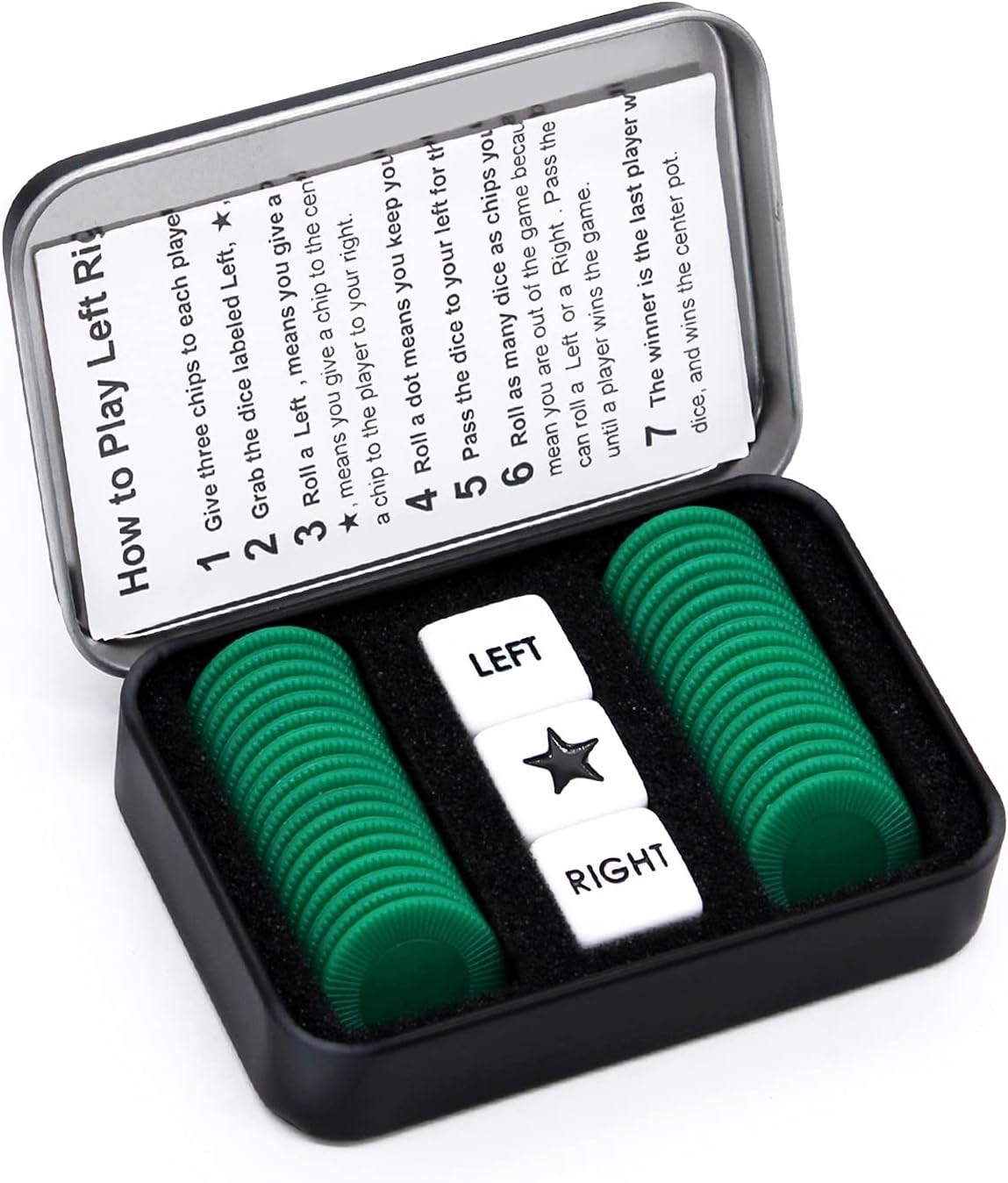 Bilywey Left Right Dice Game Set with 3 Dices + 36 Black Chips – Fun for Kids & Family - Green