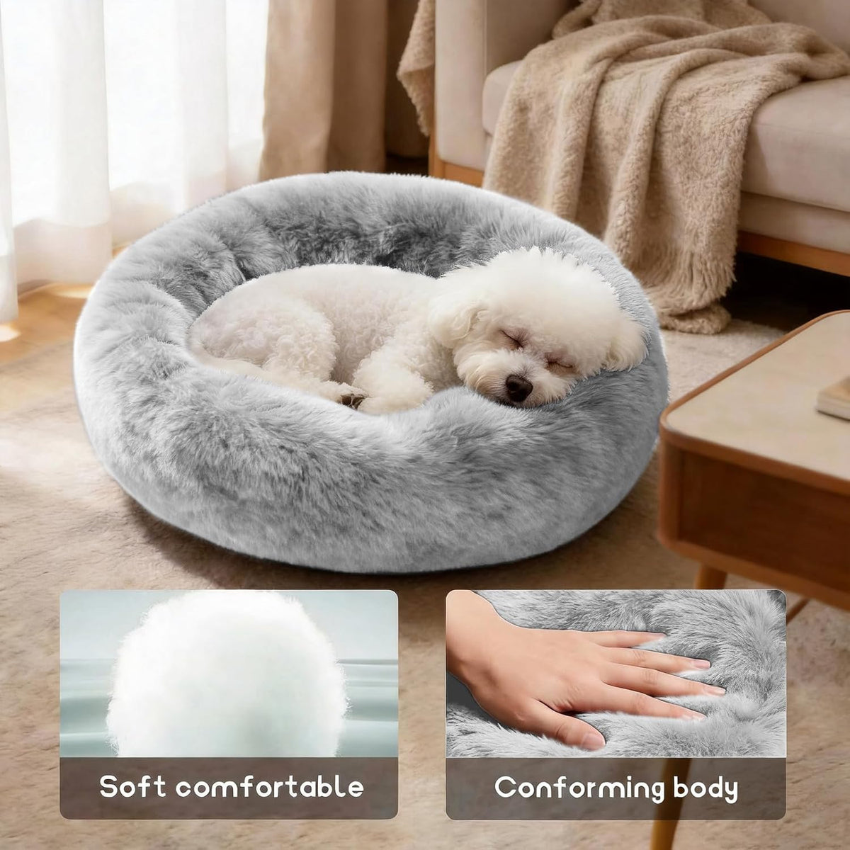 Comfort Donut Dog Bed, Ultra-Soft Pet Bed with Neck Support - 20''Lx20''Wx8''Th / Light Gray - image 4