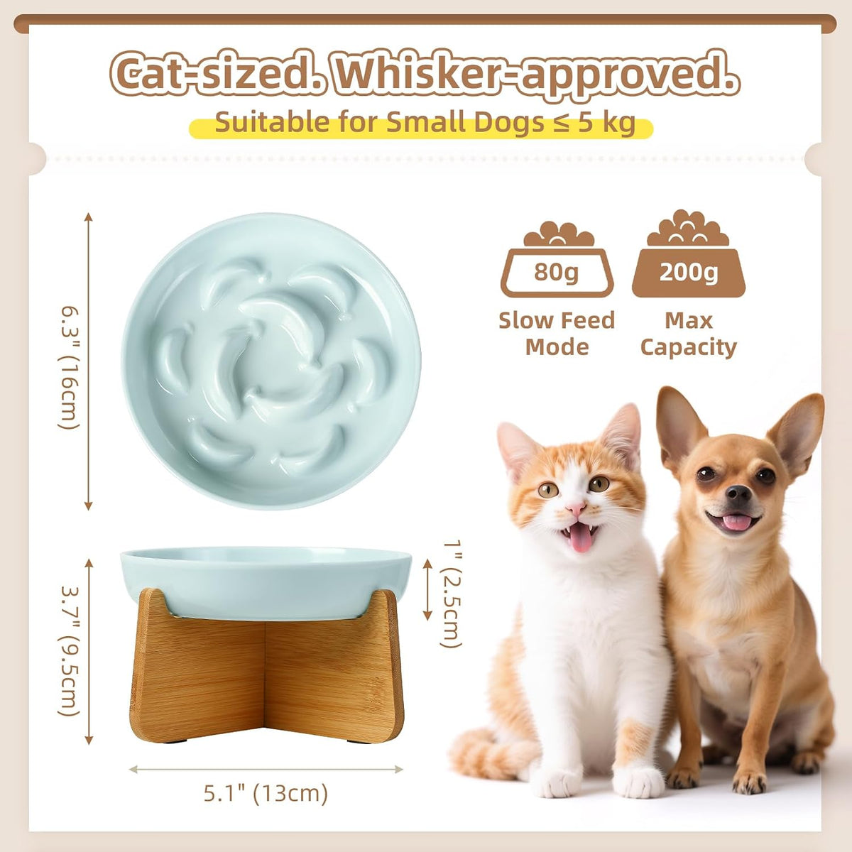 Melamine Slow Feeder Cat Bowls, Dishwasher Safe - Blue + Bamboo Base / 7"H - image 2