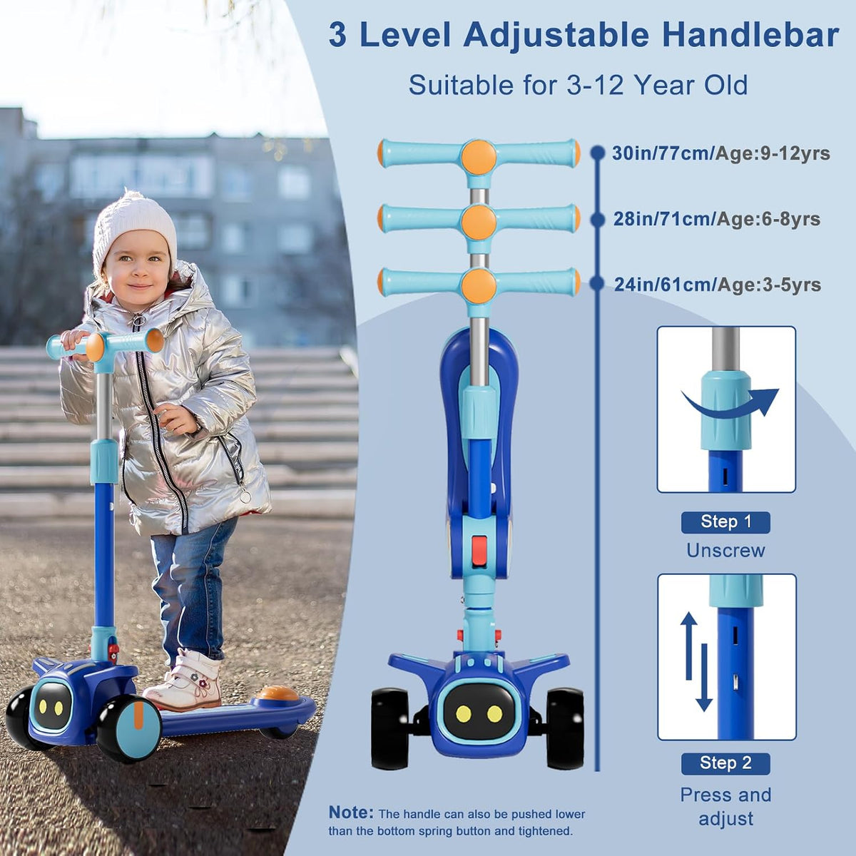 Unbreakable & Never Fall Down 2-in-1 Scooters Kids 3 Wheel Kick - Light blue - image 3