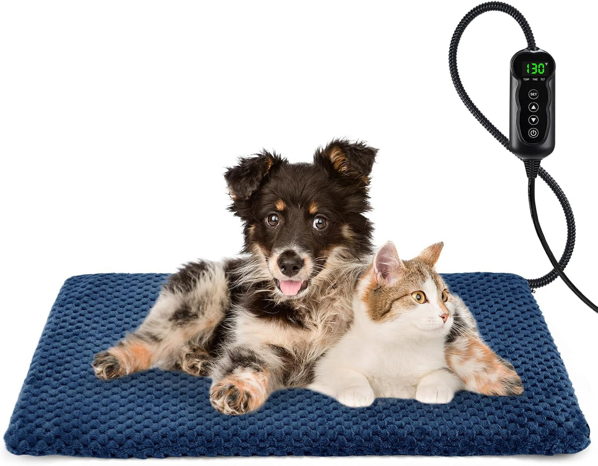 Heated Dog Bed, Waterproof Adjustable Temperature Dog Cat Heating Pad with Timer, Indoor Pet - M: 28" x 20" / Navy Blue