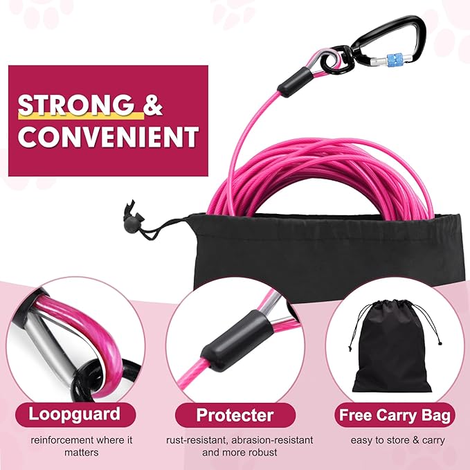 Snagle Paw Dog Leads for Yard 70FT-1000LBS Break Strength,Heavy Duty Tie Out Cable for Dogs with Swivel Lockable Hook & Spring,Chew Proof Dog Chain for Outside,Dog Run Cable for Medium Large Dogs