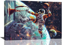 Quorin Astronaut Wall Art Funny Spaceman Basketball Pictures Space Galaxy Planet Wall Decor Canvas Print Painting Artwork for Bathroom Living Room Bedroom 16"x24"