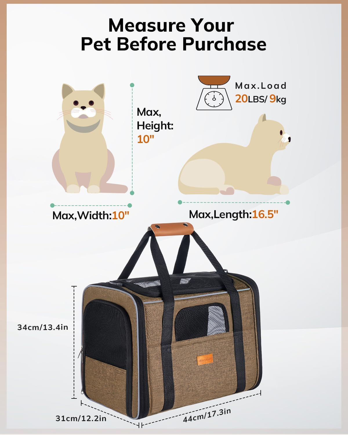 Morpilot Cat Carrier Soft for Large Medium Cats and Puppy up to – Essentials for Dogs - Brown / 17.3"L x 12.2"W x 13.4"H - image 3
