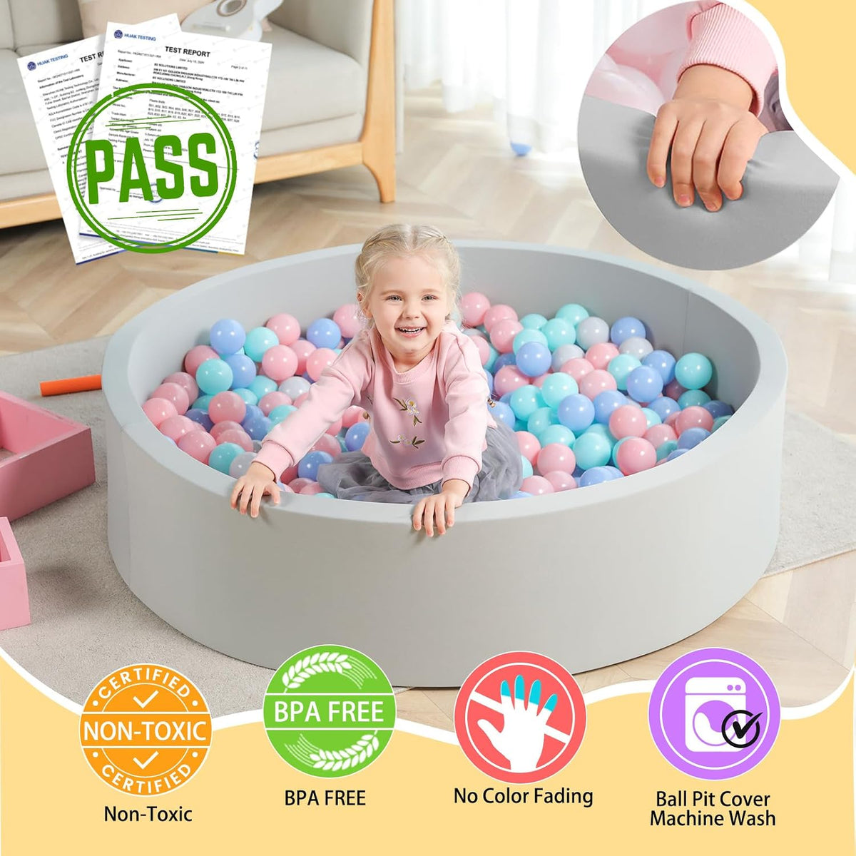 TRENDBOX Foam Ball Pit, 36" x 12" Indoor Soft Ball Pool for Kid，Light Grey – Fun for Kids & Family - Light Grey / 130CM - image 2