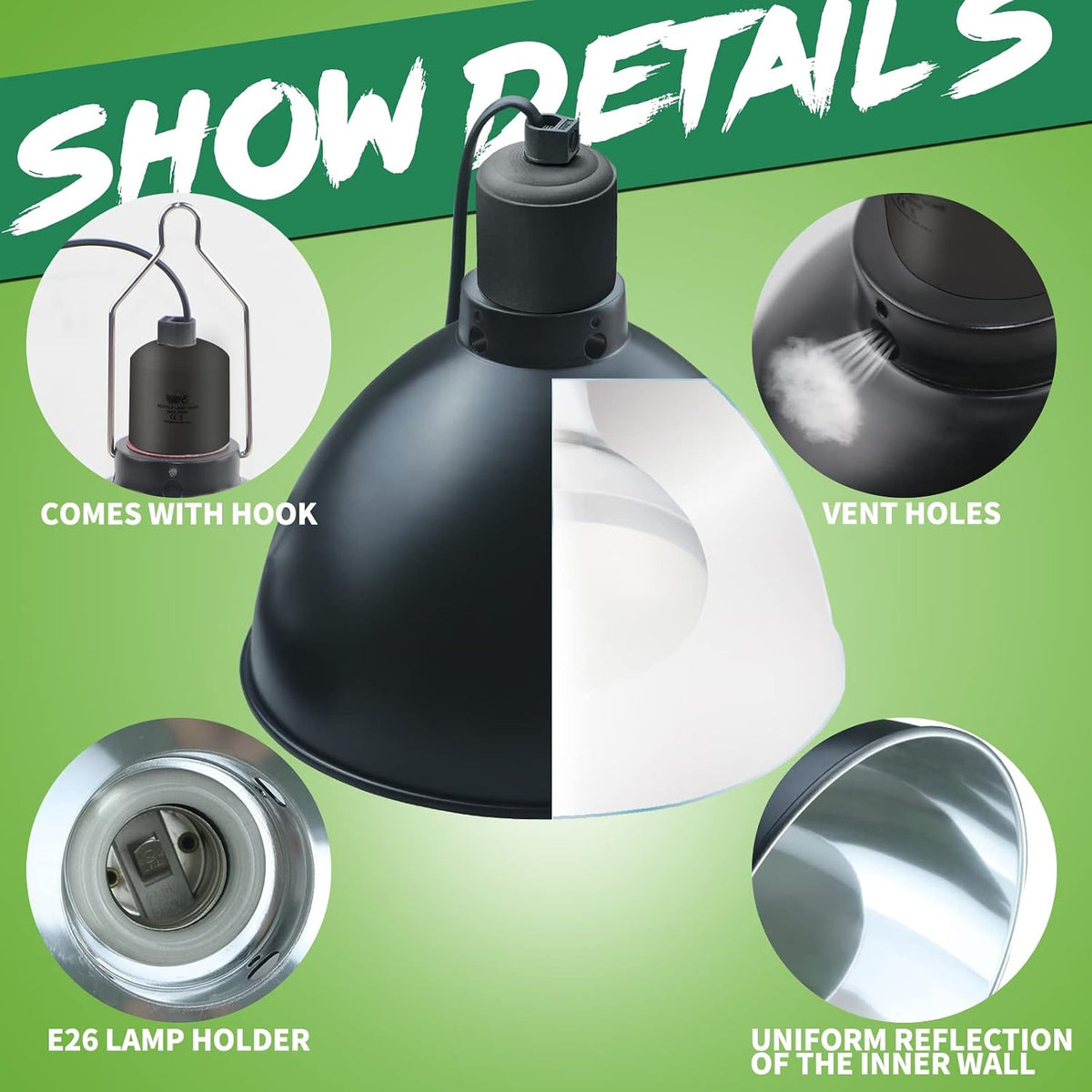 LUCKY HERP Aluminum 5.5inch Shallow Dome Reptile Light Fixture - Dome Reptile Light Fixture / 8.1 inch Non-Adjustable - image 3
