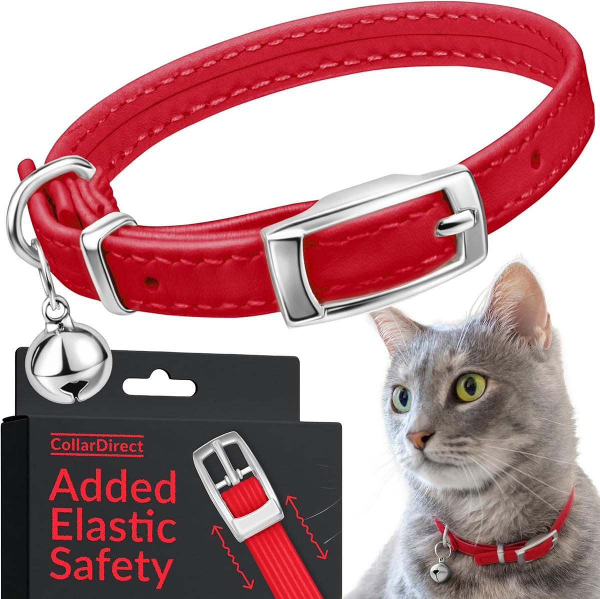 Soft Leather Cat Collar with Safety Elastic Strap - 6-7 Inch / Red