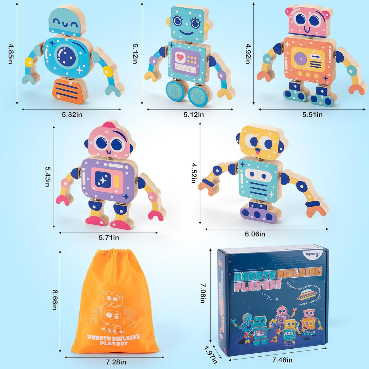KODATEK 30-piece wooden snap-together robot toys with color-coded heads, arms and legs - view 3