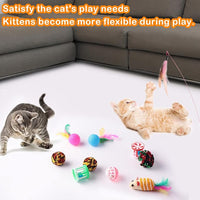Wettarn 22 Pieces Cat Toys Set, with 2 Collapsible Tunnels for Indoor Cats and 20 Kitten Toys Tubes and Tunnels Interactive Feather Mouse Crinkle Balls for Pets Puppies(Colorful)