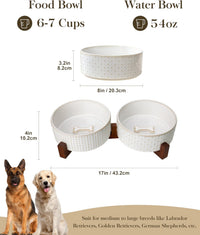 MALACASA Dog Bowl Set, Ceramic Bowls with Walnut Wood Stand - Rhombic+Polka Dots / 6 Cups - image 2