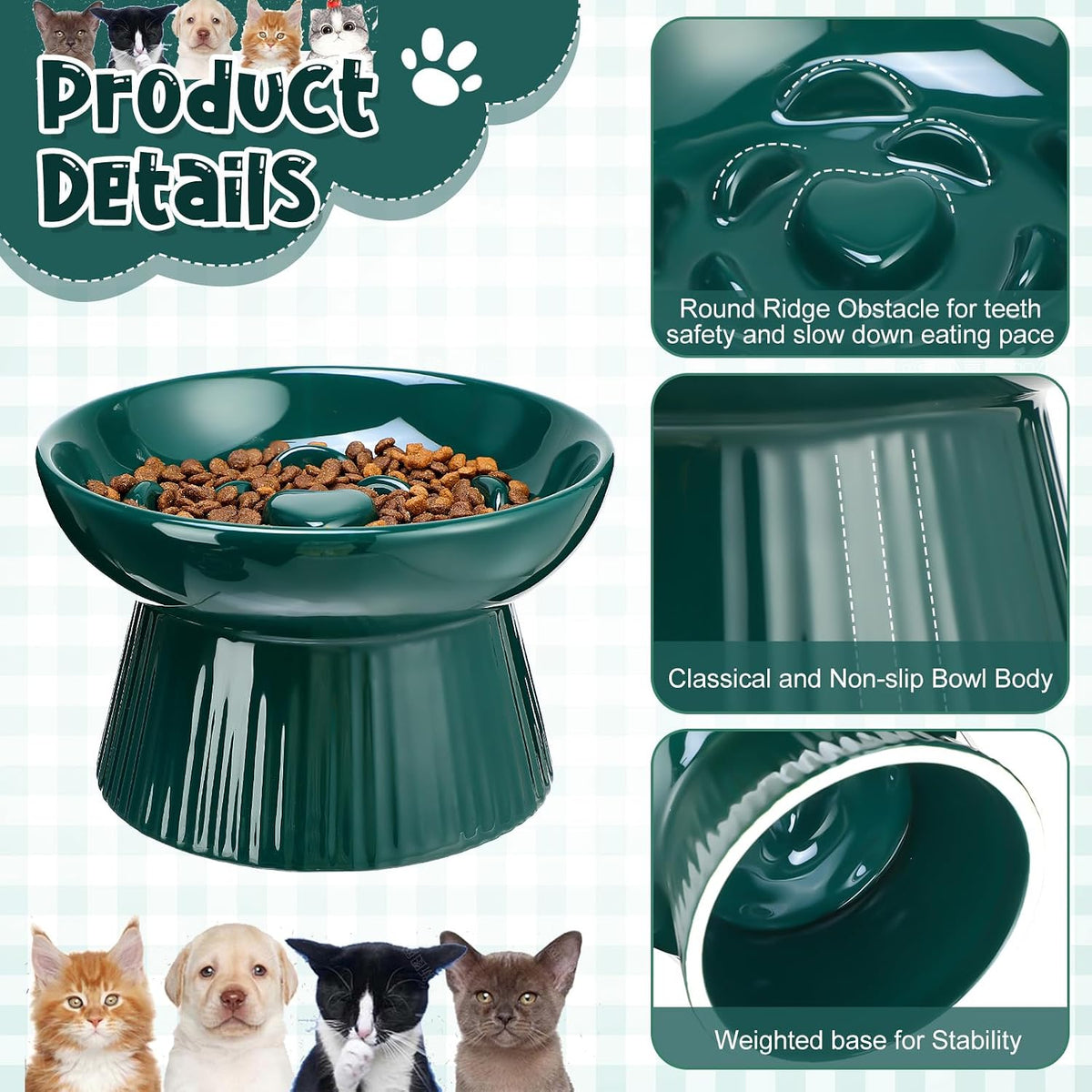 Tioncy 2 Pcs Ceramic Elevated Slow Feeder Cat Bowl - Dark Green, Blue / 2 - image 3