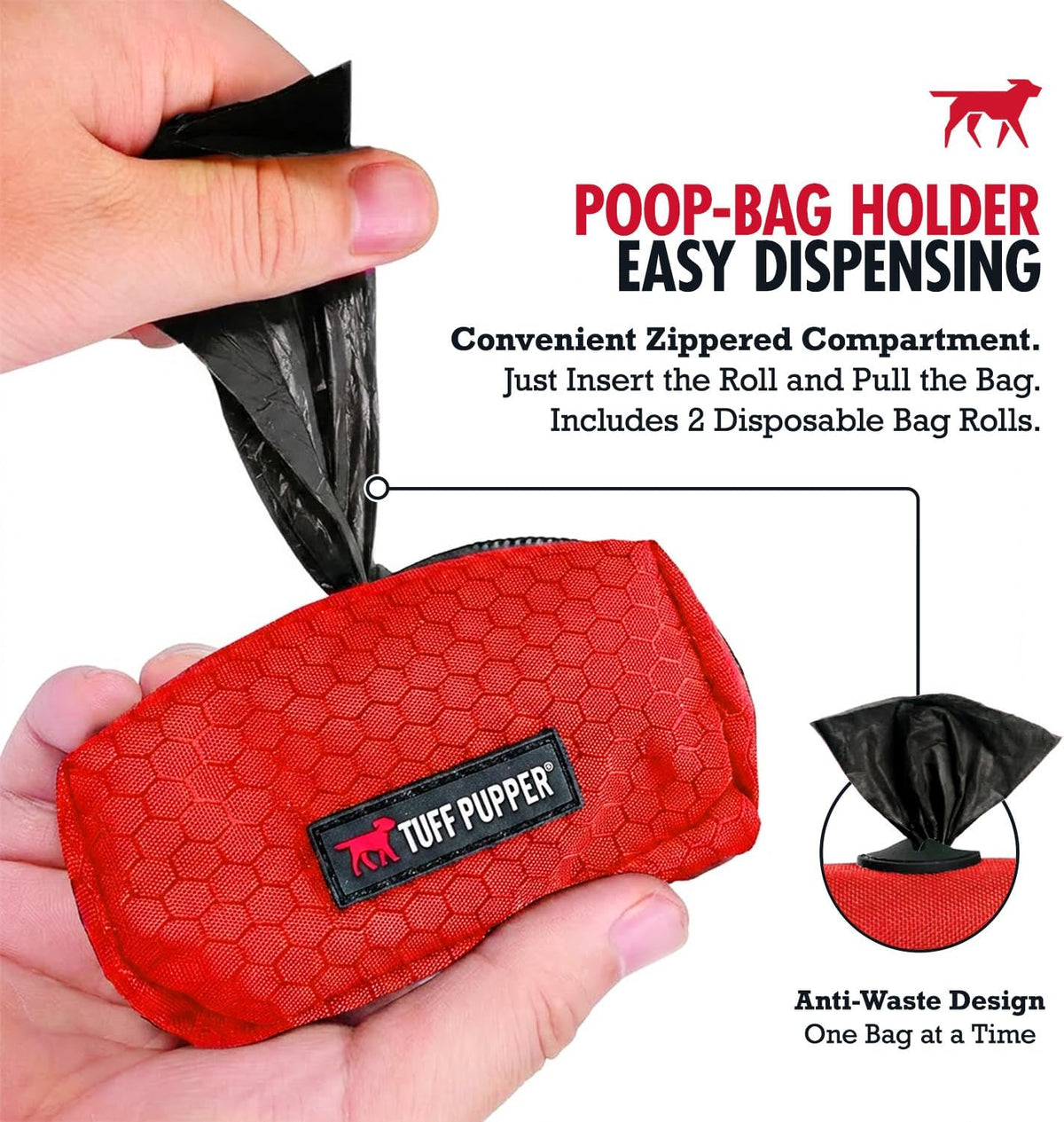 Tuff Pupper Dog Poop Bag Holder, Works with Any Dog Leash - March Red - image 3