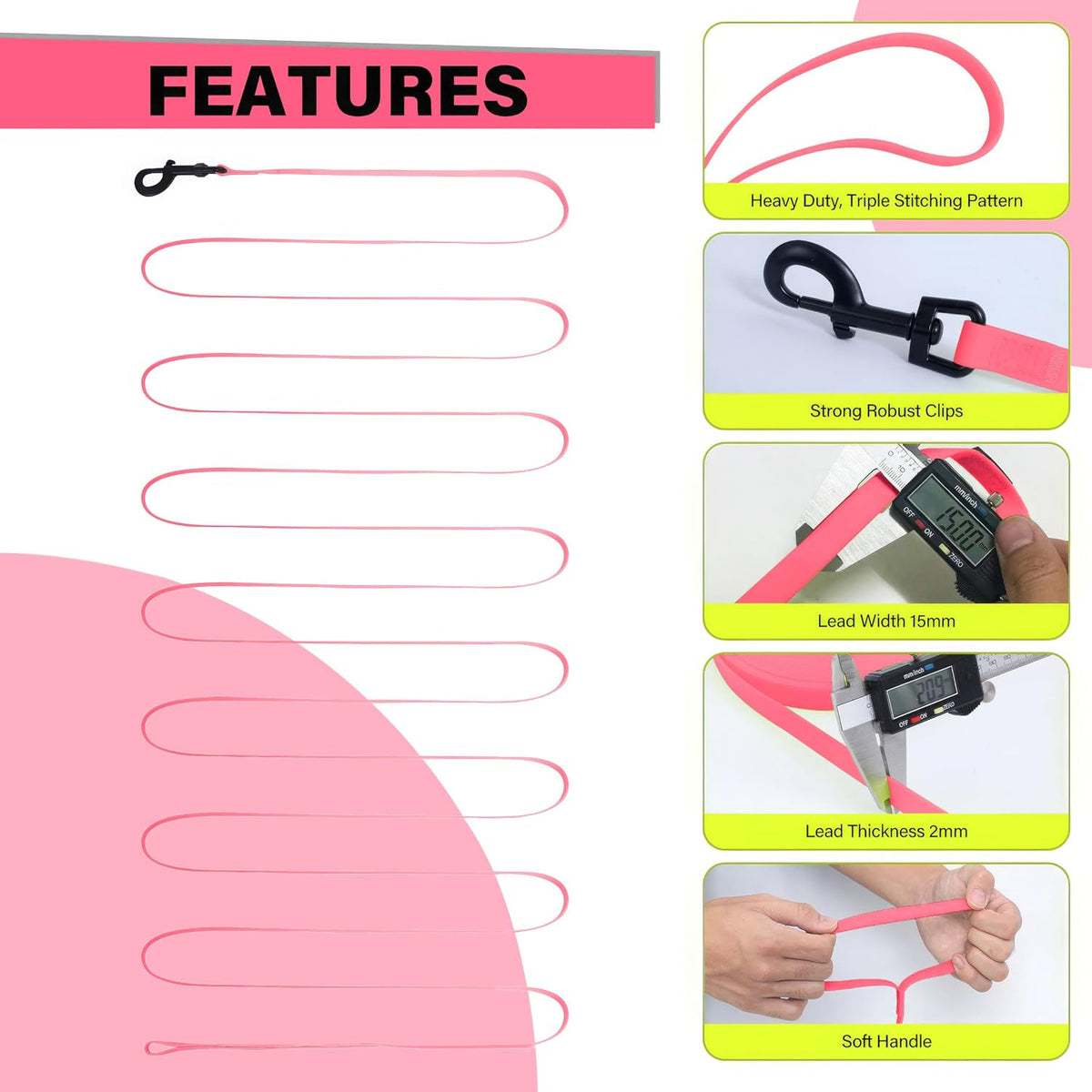 Waterproof Long Line Dog Training Leash, PVC-Coated - Pink / 16ft - image 4