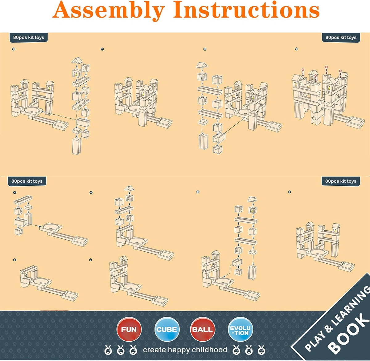 Migargle wooden marble run for kids, 80 piece pine track maze with glass marbles - view 7