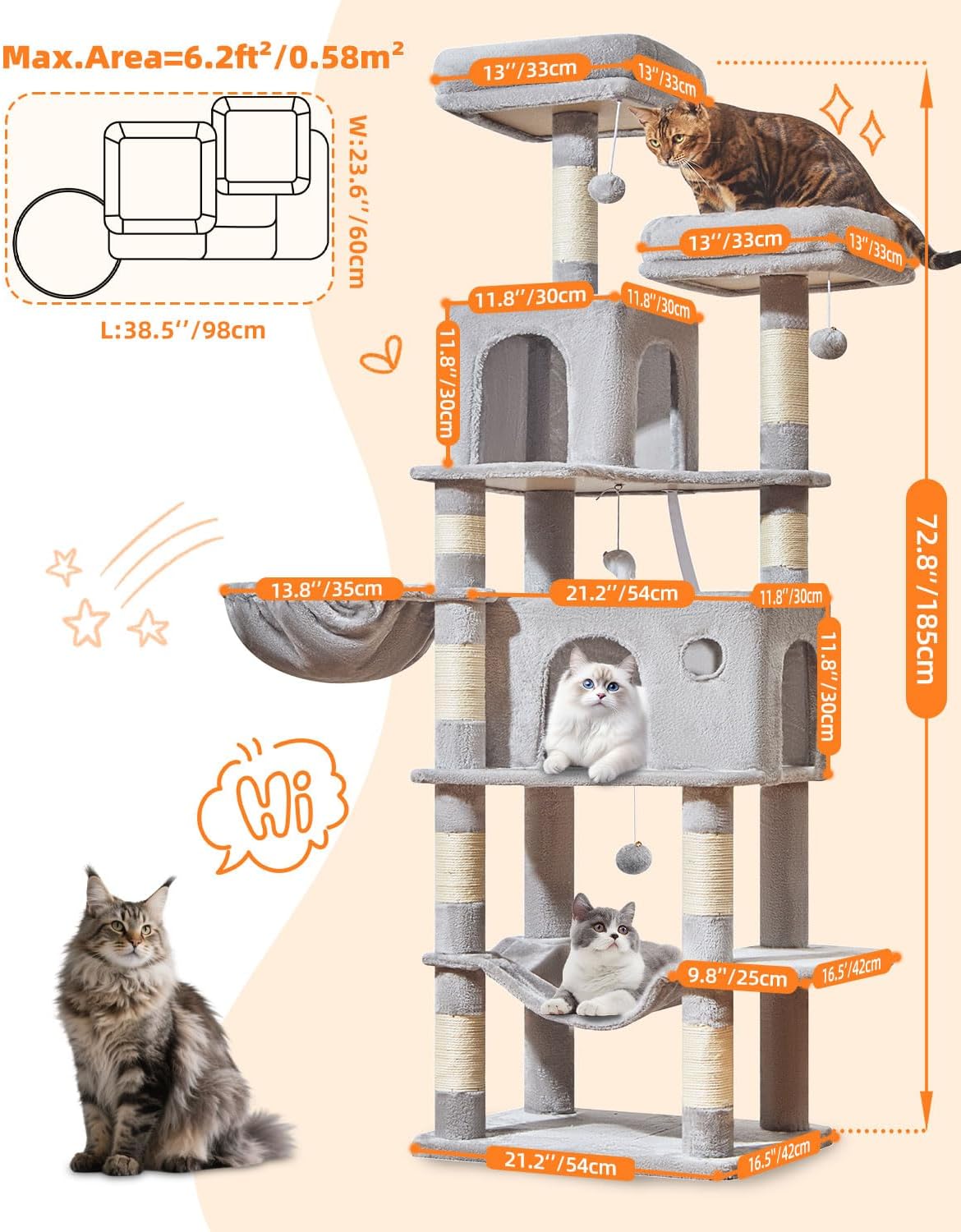 Taoqimiao Cat Tree, 67 in Tall Cat Tower with 2 Plush Cat Condos – Essentials for Cats - 73 inches / Light Gray - image 2
