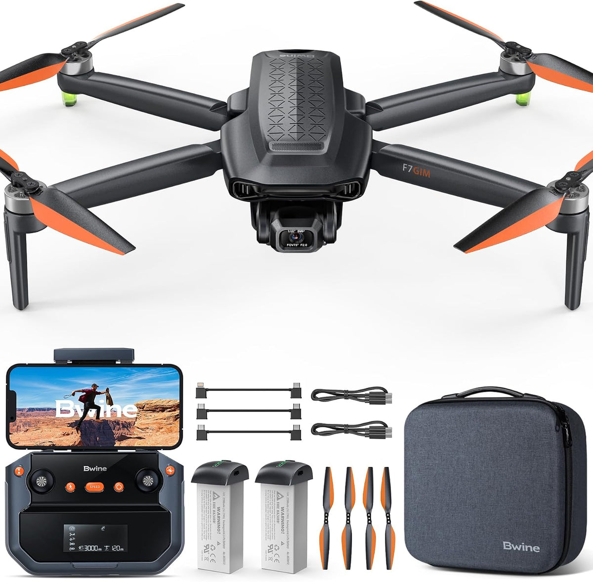 Bwine F7GIM 4K Video 6K Photo Drones with Camera for Adults 3-Axis - Dark Gray & Orange