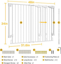Cumbor 34" Extra Tall No Bottom Bar Baby Gate for Stairs, Auto Close Dog Gate Indoor for Larger Pets, 31.6-48" Hardware Mounted Safety Gate for Doorways, Wide Walk Thru Door for Easy Access (White)