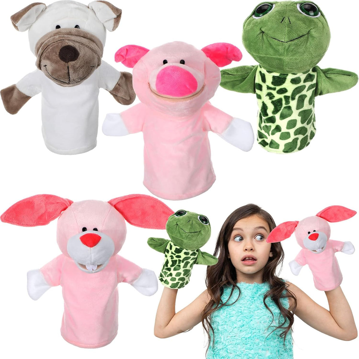 Roundfunny animal hand puppets set of 4: cow, frog, duck and sheep with movable mouths