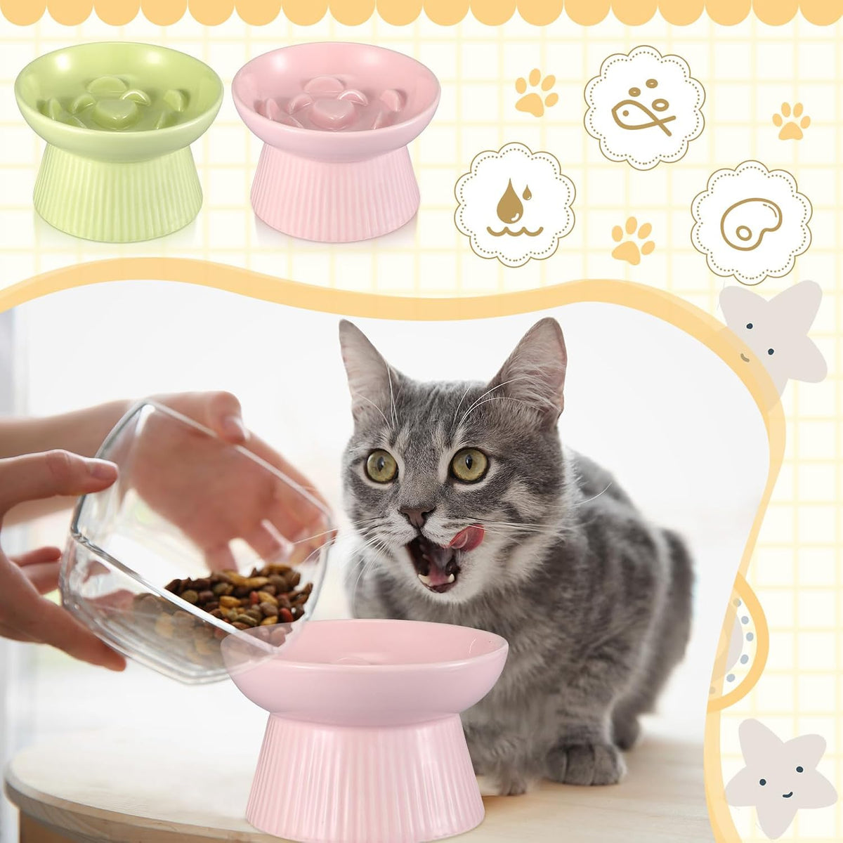 Layhit 2 Pack Raised Slow Feeder Cat Bowls Ceramic Elevated Cat Food - Green, Pink - image 4