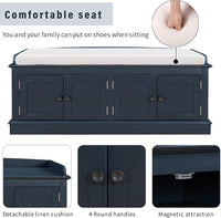 Storage Bench with 4 Doors and Adjustable Shelves, Shoe Bench with Removable Cushion for Living Room, Entryway 42.7" L x 16" W x 17.4" H (Antique Navy)