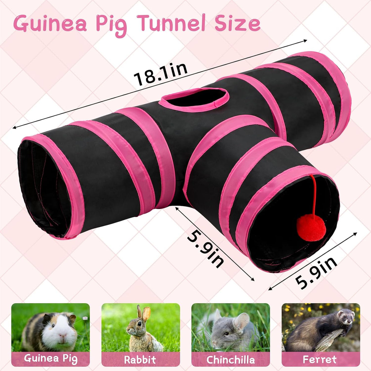 Guinea Pig Tunnel Hideout 3-Way Collapsible Small Pet Tubes - Red Black - image 2